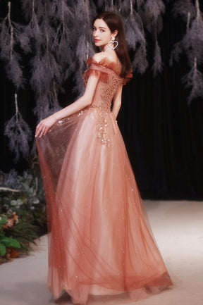 Shiny Tulle Long A-Line Prom Dress with Sequins, Off the Shoulder Evening Dress