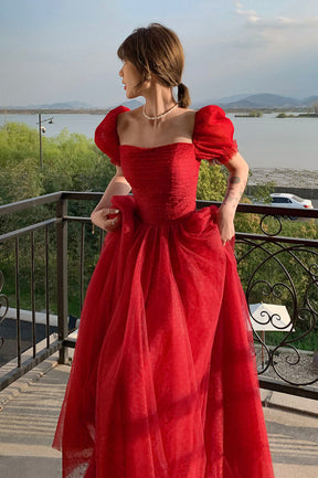 Red Tulle Long A-Line Prom Dress, Cute Short Sleeve Graduation Dress Red Tulle Long A-Line Prom Dress, Cute Short Sleeve Graduation Dress