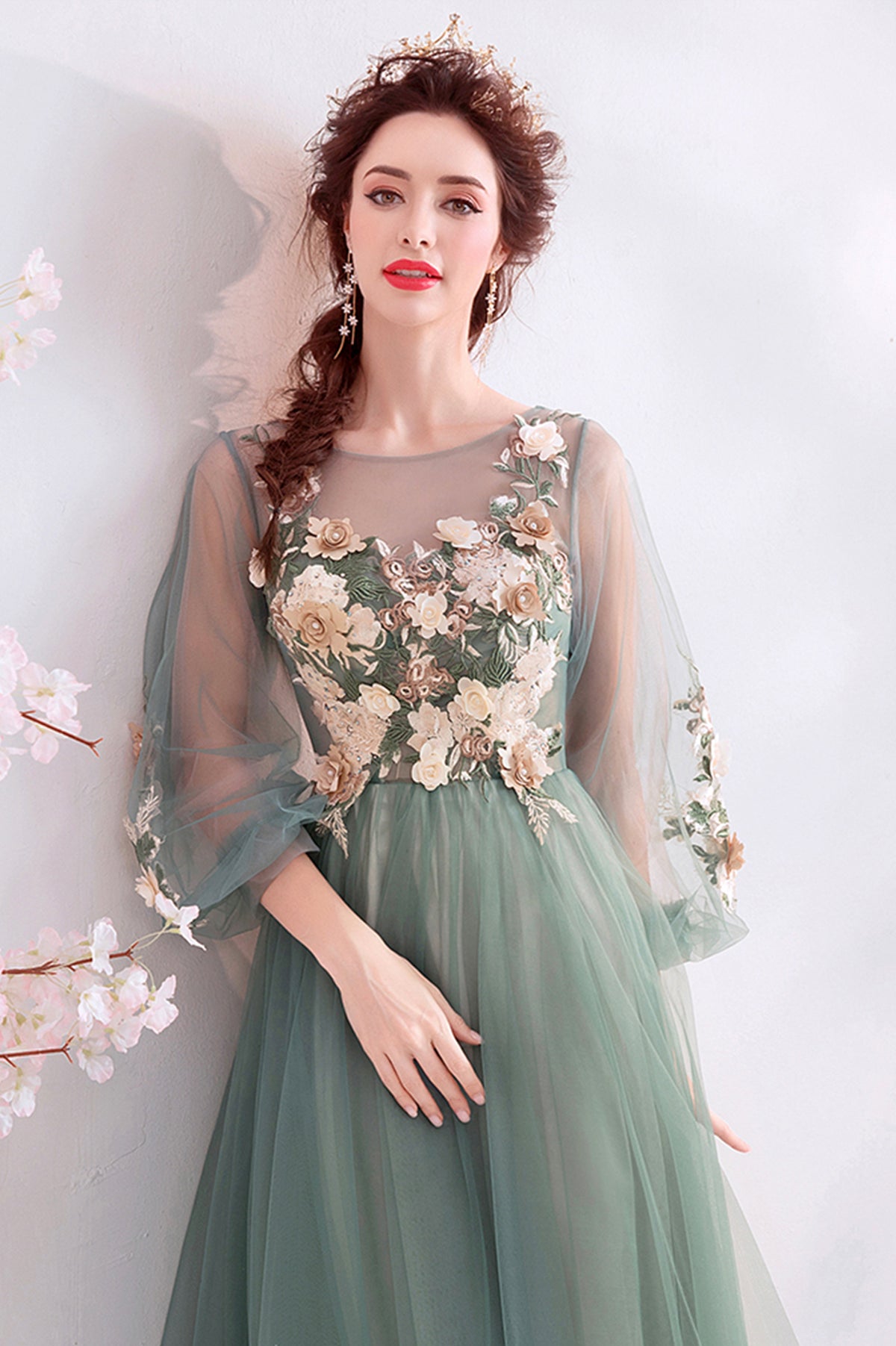 Nellie  Green Tulle Lace Long Prom Dress with Corset, Green