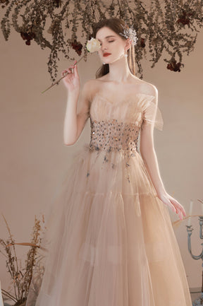 Champagne Strapless Tulle Long Prom Dress with Beaded, A-Line Evening Party Dress