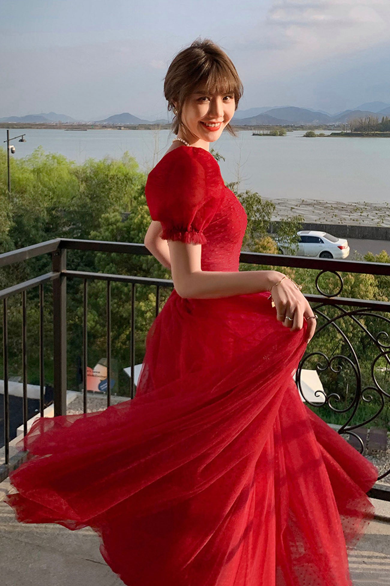 long sleeve red tulle dress Flowy Burgundy Red Long Tulle Prom Dress With Off Shoulder Sleeves