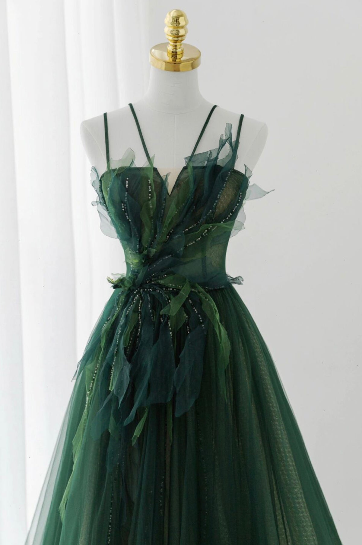 Green Tulle Long A-Line Prom Dress, Beautiful Spaghetti Straps Evening Dress