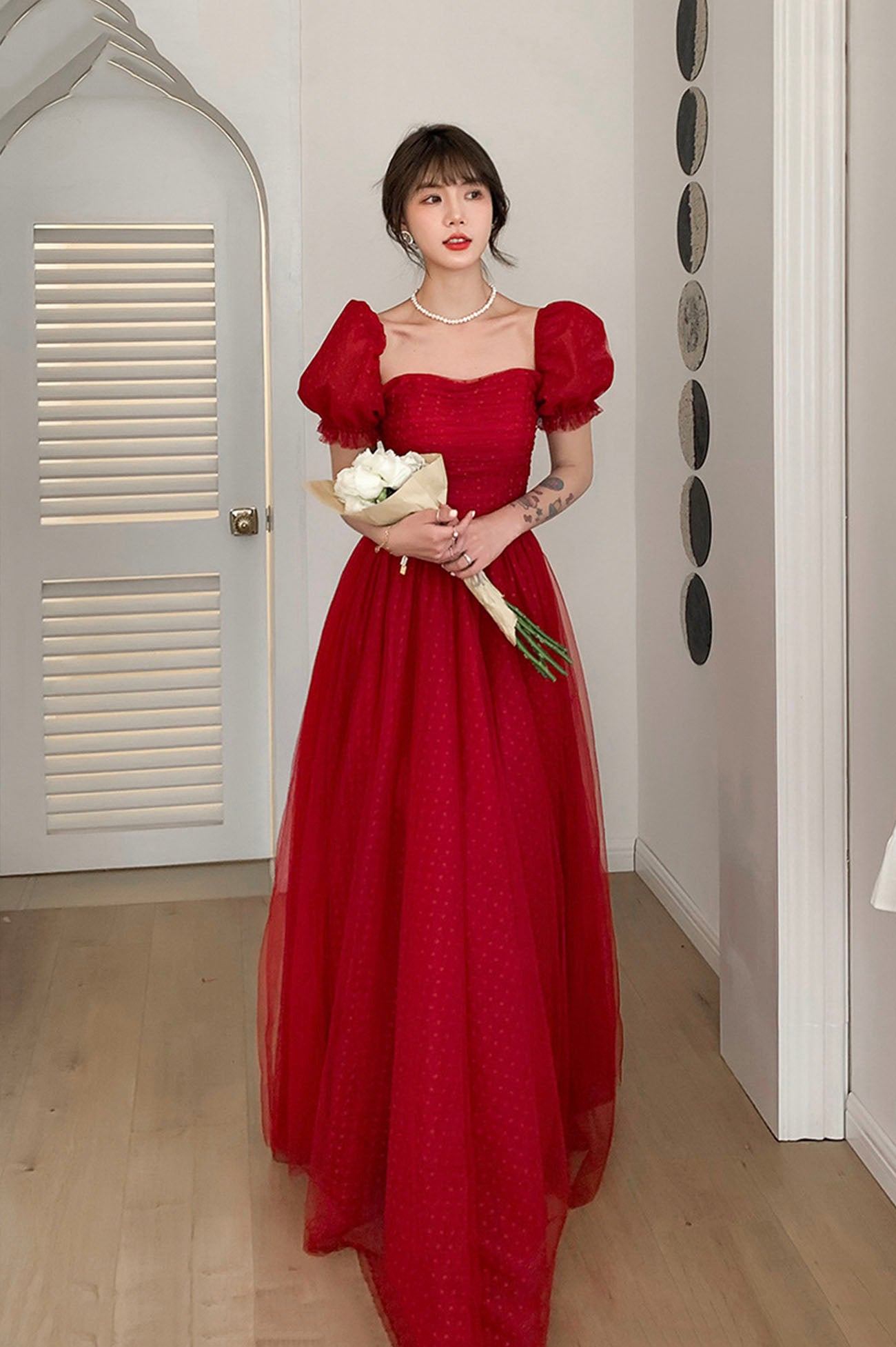 Red Tulle Long A-Line Prom Dress, Cute Short Sleeve Graduation Dress Red Tulle Long A-Line Prom Dress, Cute Short Sleeve Graduation Dress
