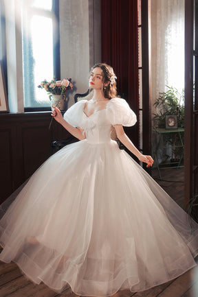 White Tulle Long Prom Dress, Lovely A-Line Puff Sleeve Evening Dress