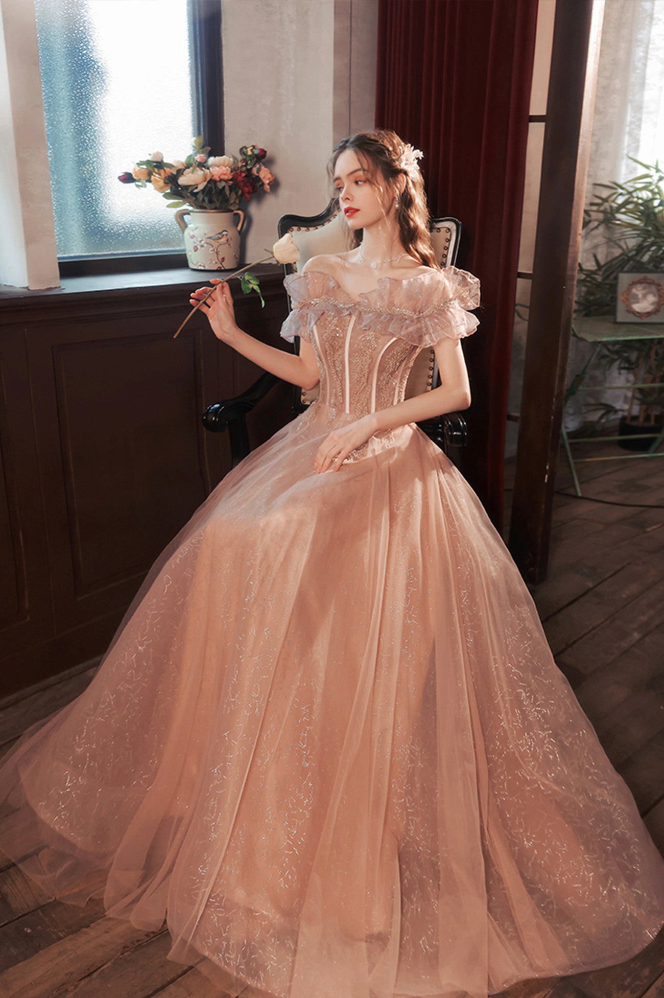 Pink Tulle Long A-Line Prom Dress with Sequins, Off the Shoulder Eveni