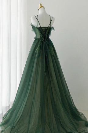 Green Tulle Long A-Line Prom Dress, Beautiful Spaghetti Straps Evening Dress