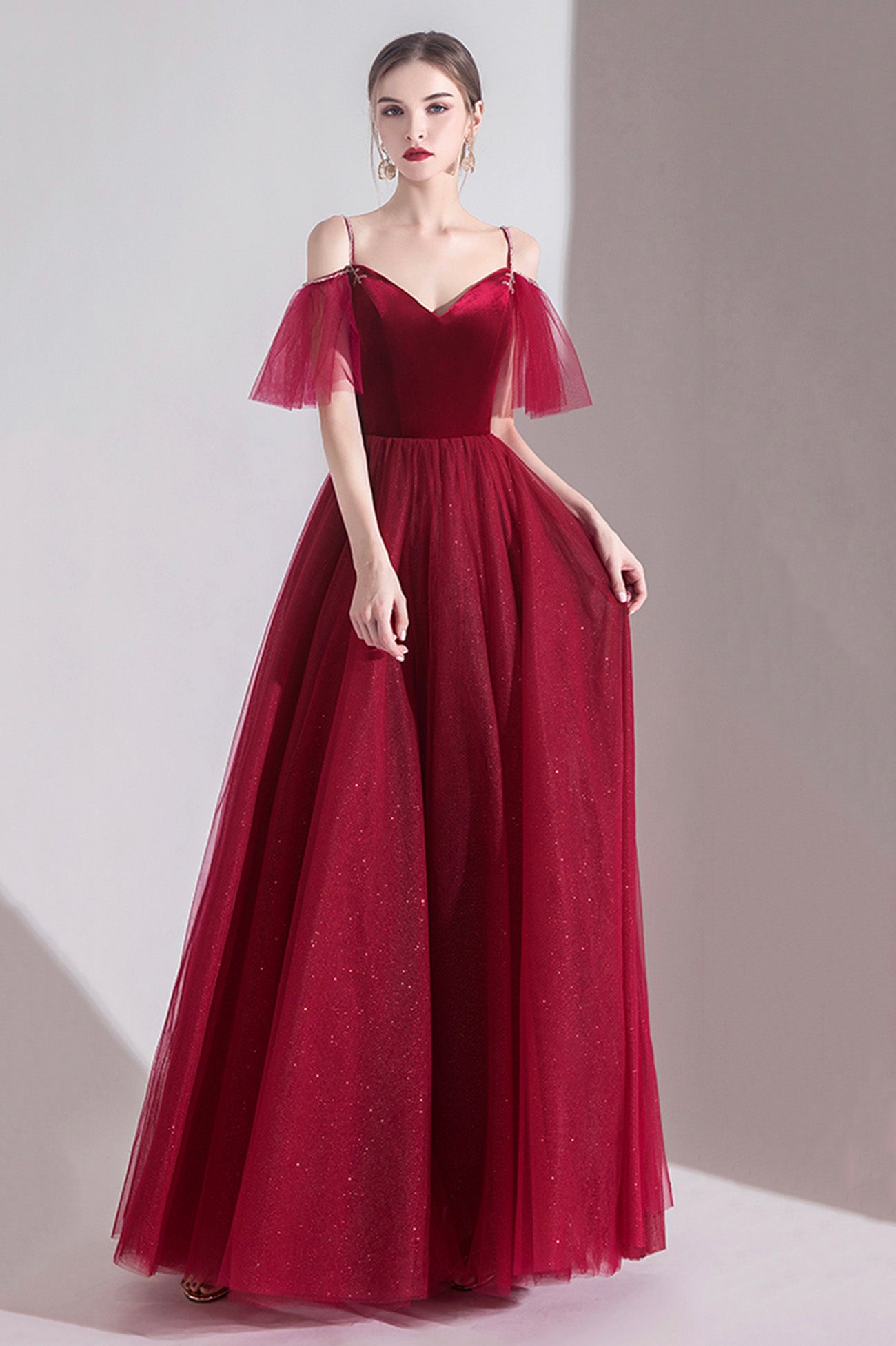 Burgundy Velvet Tulle Long A-Line Prom Dress, V-Neck Evening Dress