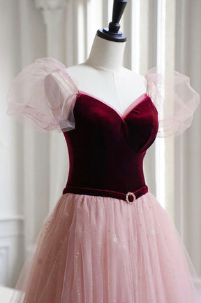 A-Line Velvet Tulle Long Prom Dress, Pink Short Sleeve Formal Evening Dress