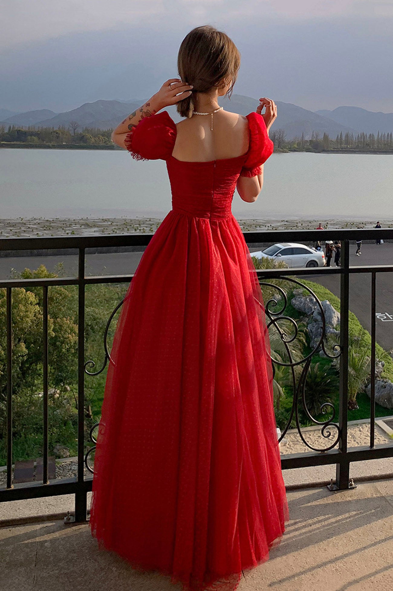 Red Tulle Long A-Line Prom Dress, Cute Short Sleeve Graduation Dress Red Tulle Long A-Line Prom Dress, Cute Short Sleeve Graduation Dress