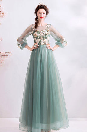 Green Scoop Neckline Lace Evening Dress, A-Line Long Sleeve Prom Dress