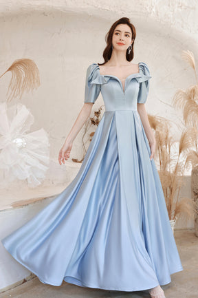 Blue Satin Long A-Line Prom Dress, Blue Short Sleeve Evening Dress