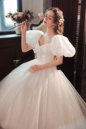 White Tulle Long Prom Dress, Lovely A-Line Puff Sleeve Evening Dress