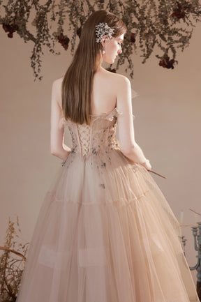 Champagne Strapless Tulle Long Prom Dress with Beaded, A-Line Evening Party Dress