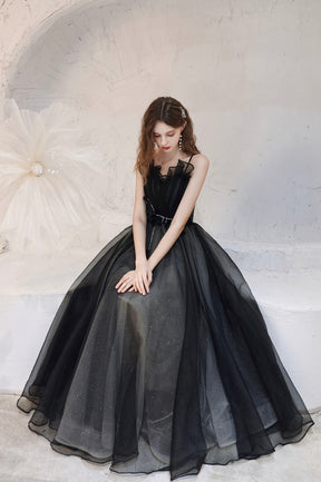 Black Tulle Long A-Line Prom Dress, A-Line Spaghetti Strap Evening Party Dress