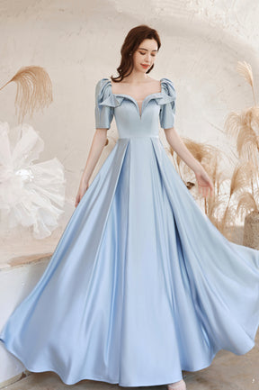Blue Satin Long A-Line Prom Dress, Blue Short Sleeve Evening Dress