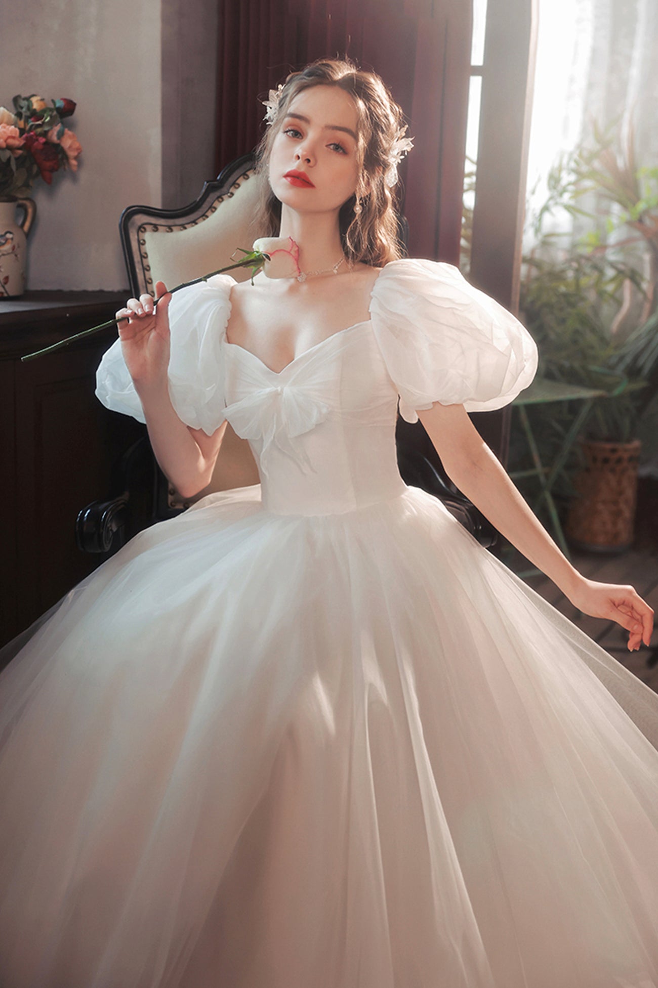 White Tulle Long Prom Dress, Lovely A-Line Puff Sleeve Evening Dress