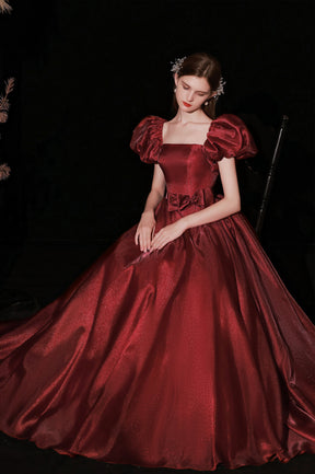 Burgundy Satin Long Prom Dress, A-Line Puff Sleeves Evening Dress