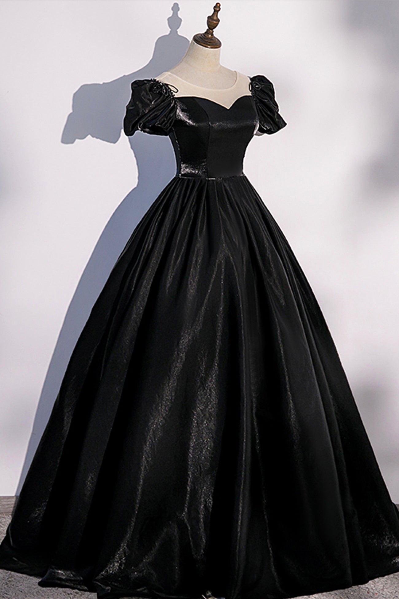 Black Satin Long Prom Dress, Black A-Line Short Sleeve Evening Dress