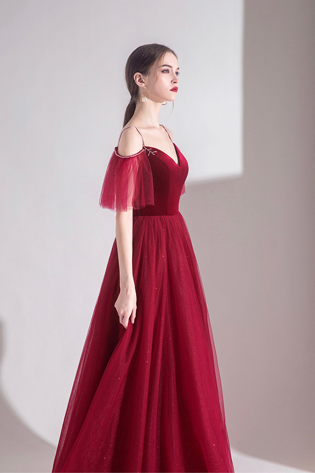 Burgundy Velvet Tulle Long A-Line Prom Dress, V-Neck Evening Dress