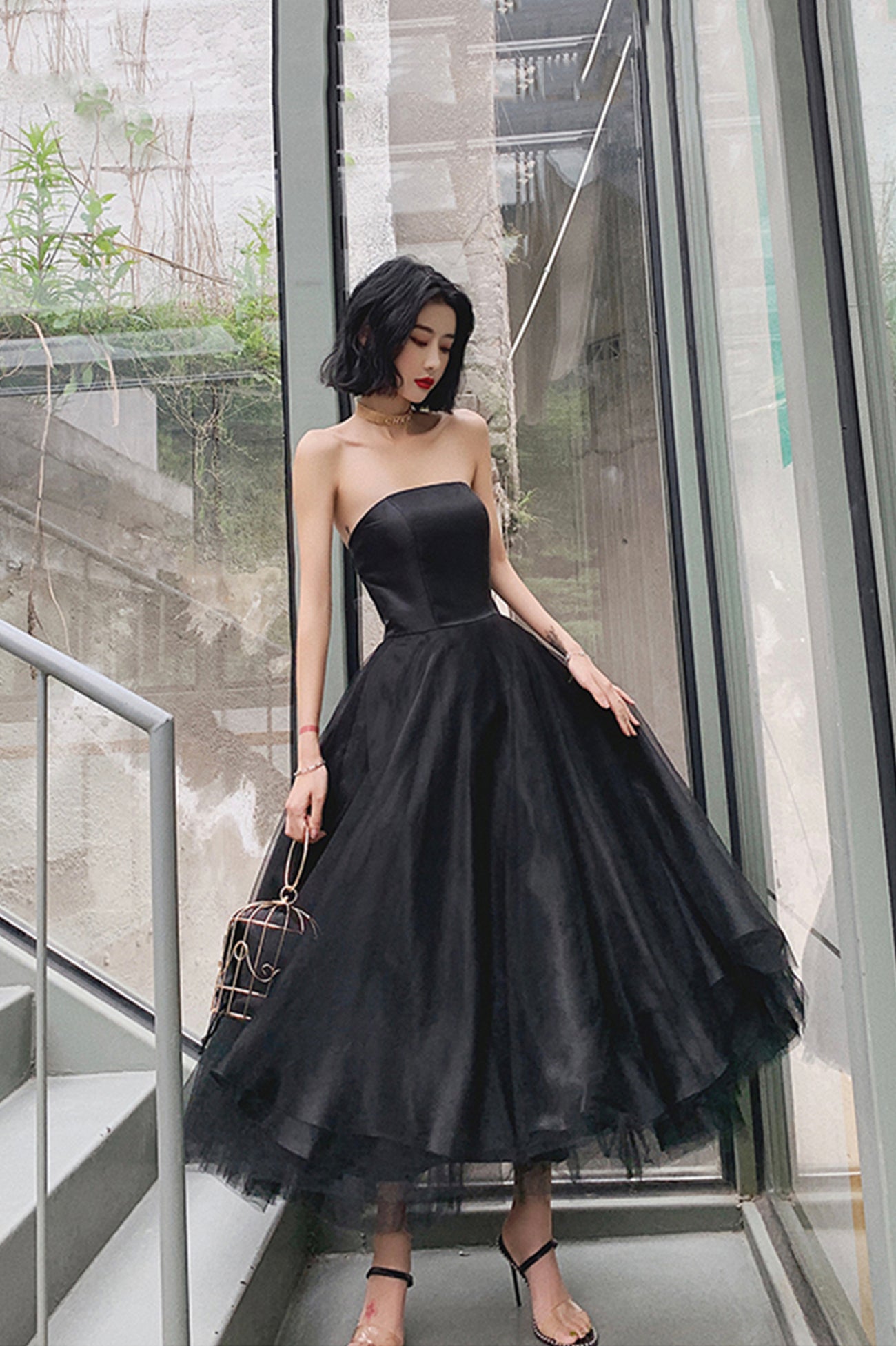 Black Tulle Short Prom Dress, Black Strapless Party Homecoming Dress