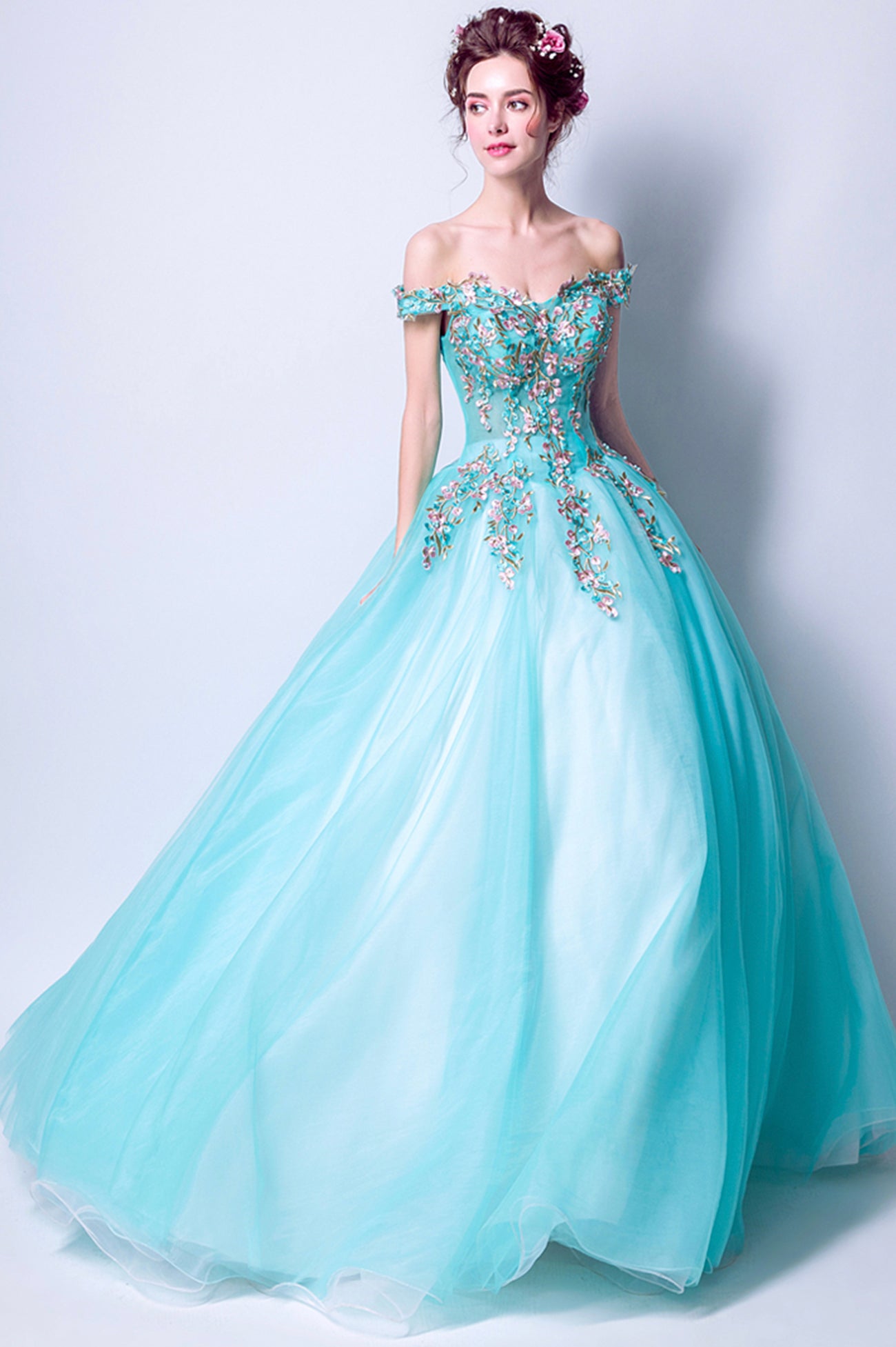 Blue Tulle Long A-Line Prom Dress with Lace, Off the Shoulder Evening Dress