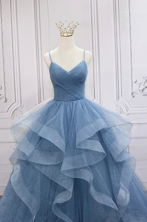 Blue Tulle Layers Long Formal Dress, Blue Tulle with Straps Party Dress