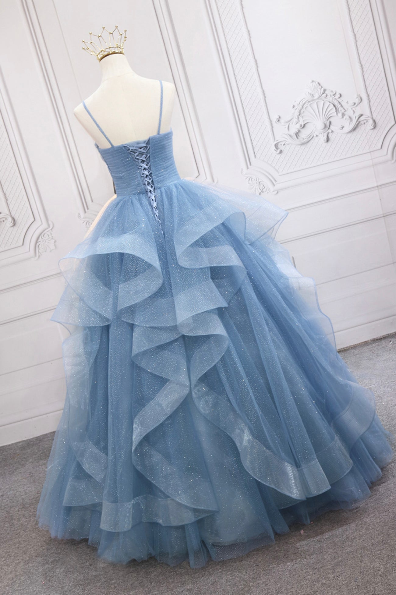 Blue Tulle Layers Long Formal Dress, Blue Tulle with Straps Party Dress