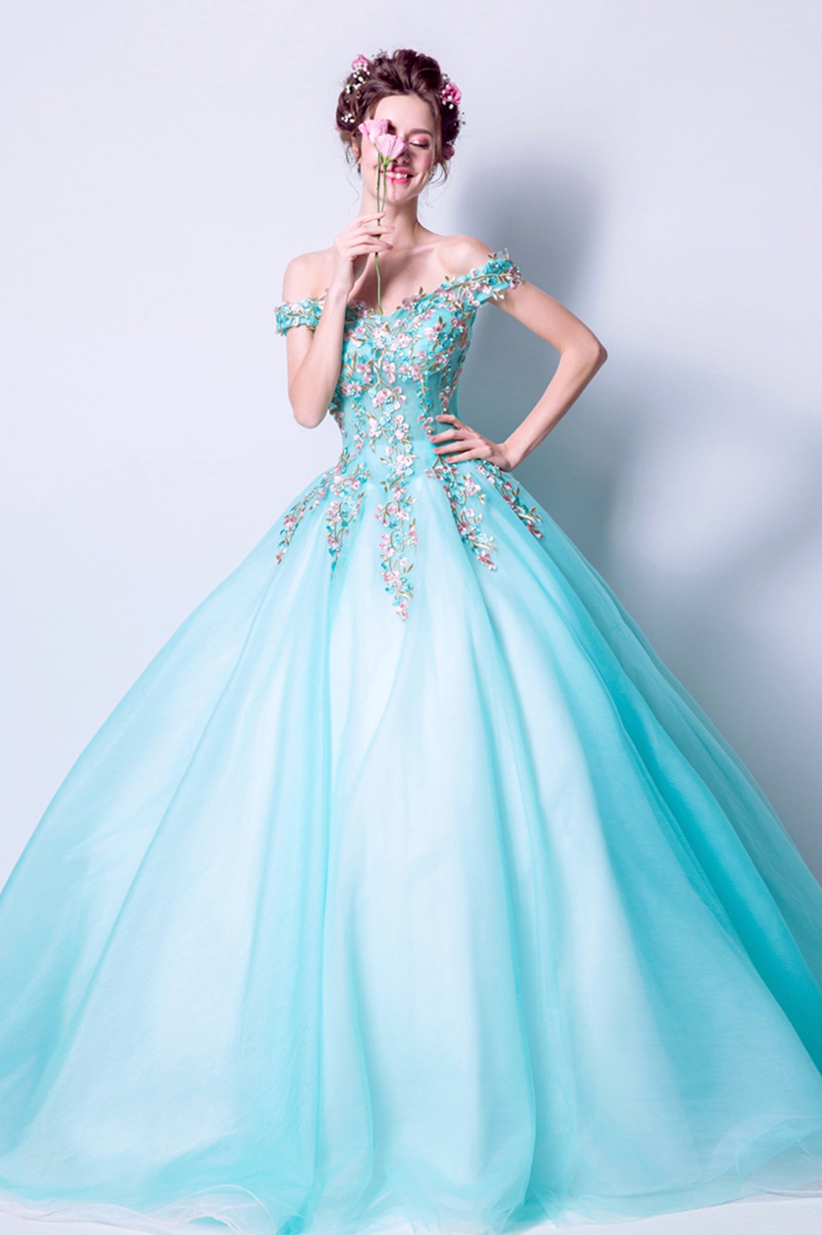 Blue Tulle Long A-Line Prom Dress with Lace, Off the Shoulder Evening Dress