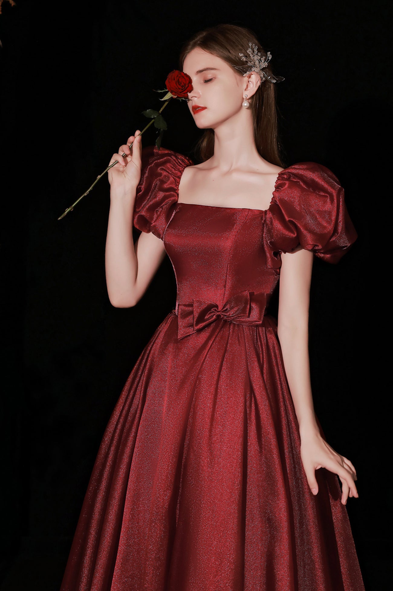 Burgundy Satin Long Prom Dress, A-Line Puff Sleeves Evening Dress