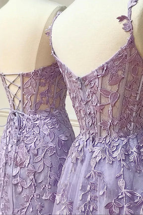 Purple Lace Long Prom Dress, Lovely Purple Sweetheart Neckline Evening Dress