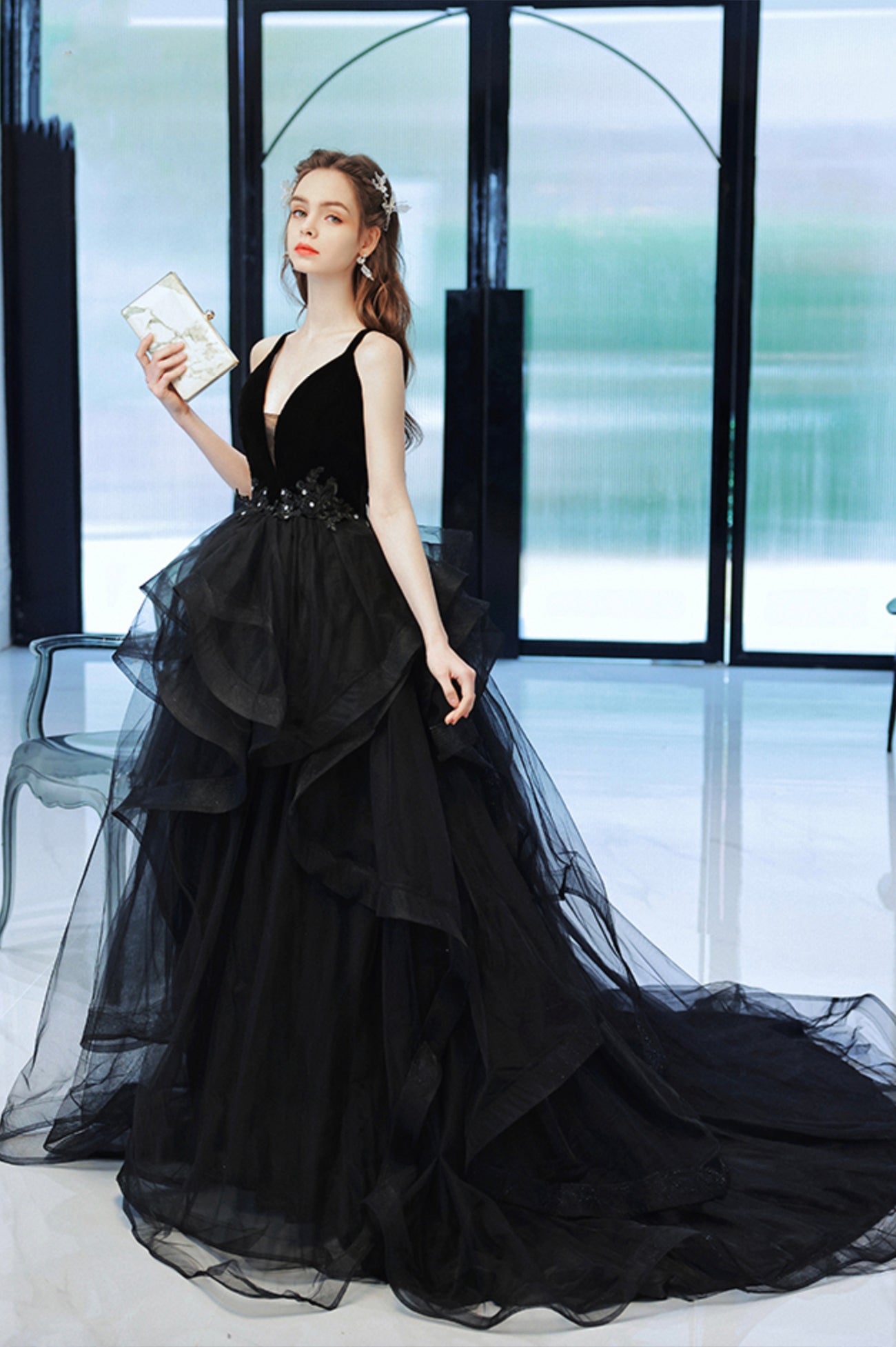 Black V-Neck Tulle Long Prom Dress, Black Graduation Dress with Lace Black V-Neck Tulle Long Prom Dress, Black Graduation Dress with Lace