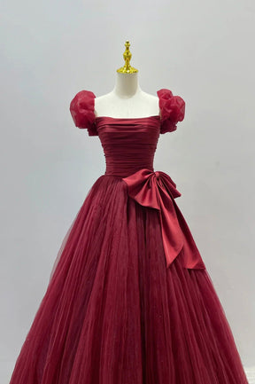 Burgundy Tulle Long A-Line Prom Dress, Lovely Evening Graduation Dress