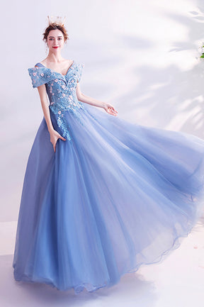 Blue Lace Off the Shoulder Prom Dress, A-Line Evening Graduation Dress