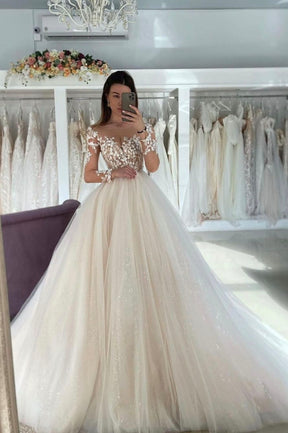 Champagne Lace Long Sleeve Prom Dress