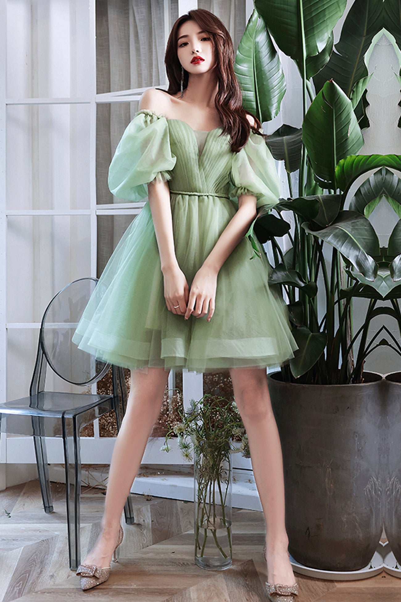 Green Tulle Short A-Line Prom Dress, Cute Short Sleeve Evening Party D