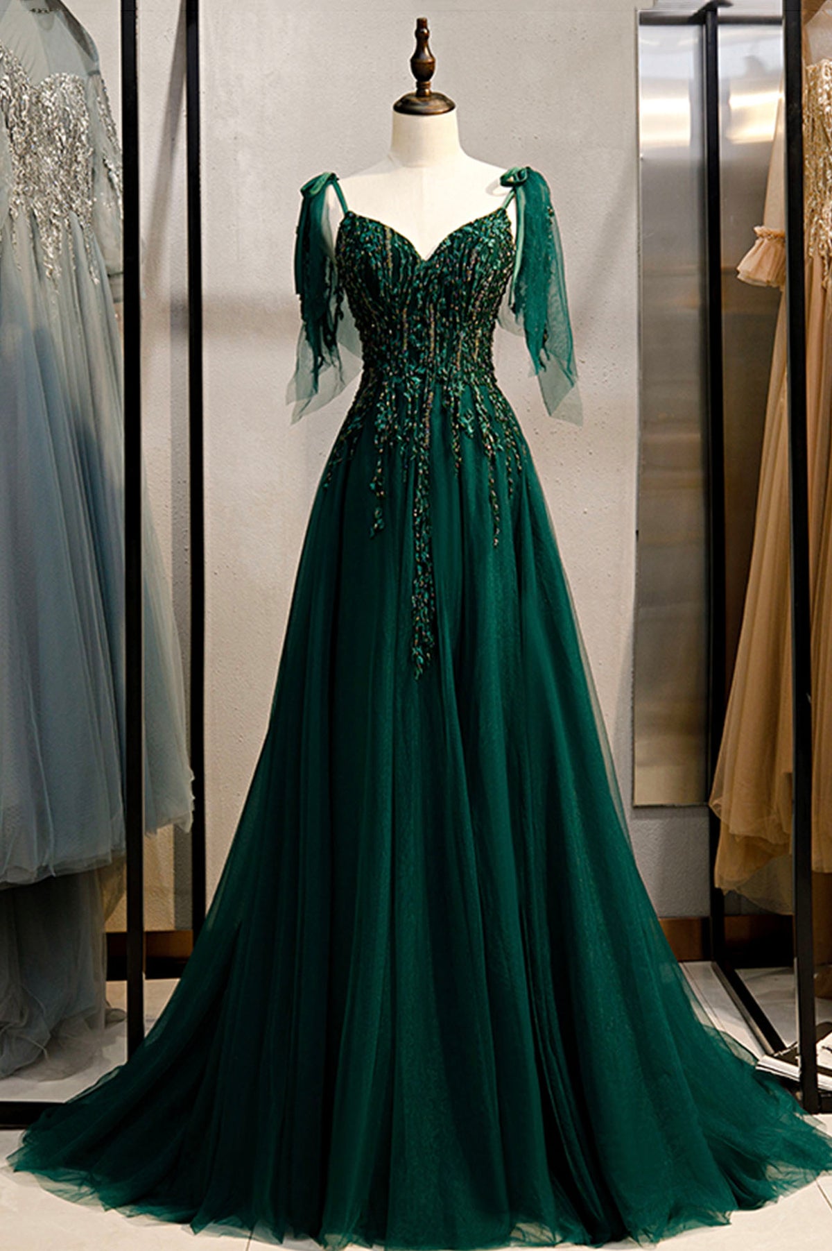 Nellie, Green Tulle Lace Long Prom Dress with Corset, Green Formal Pa