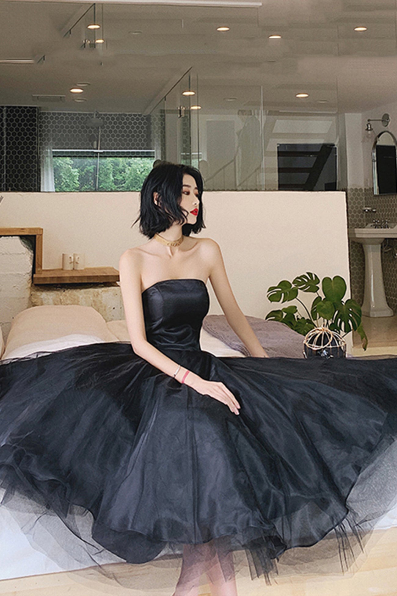 Black Tulle Short Prom Dress, Black Strapless Party Homecoming Dress Black Tulle Short Prom Dress, Black Strapless Party Homecoming Dress