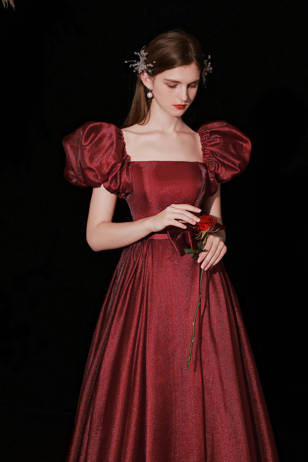 Burgundy Satin Long Prom Dress, A-Line Puff Sleeves Evening Dress Burgundy Satin Long Prom Dress, A-Line Puff Sleeves Evening Dress