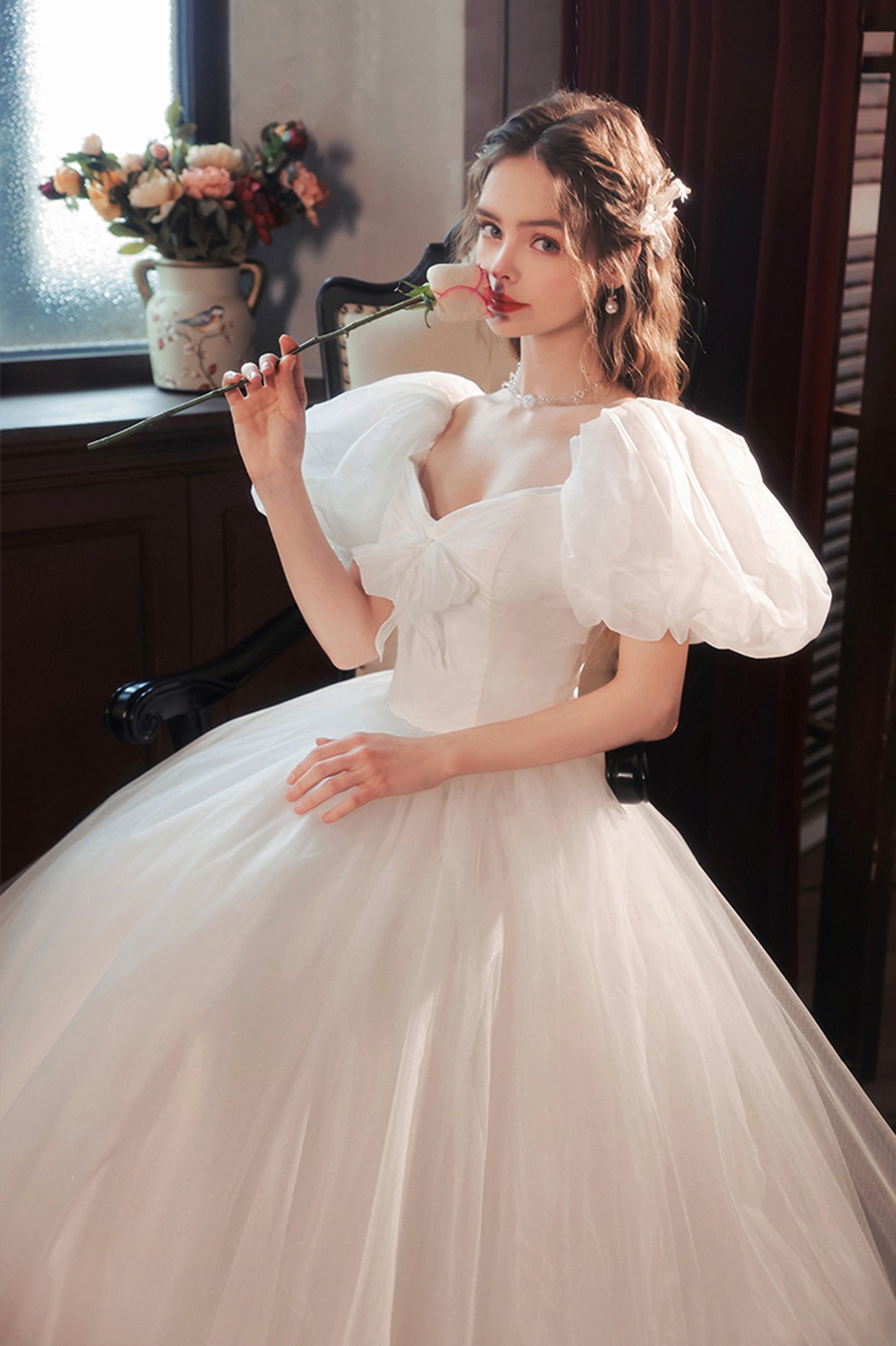 White Tulle Long Prom Dress, Lovely A-Line Puff Sleeve Evening Dress