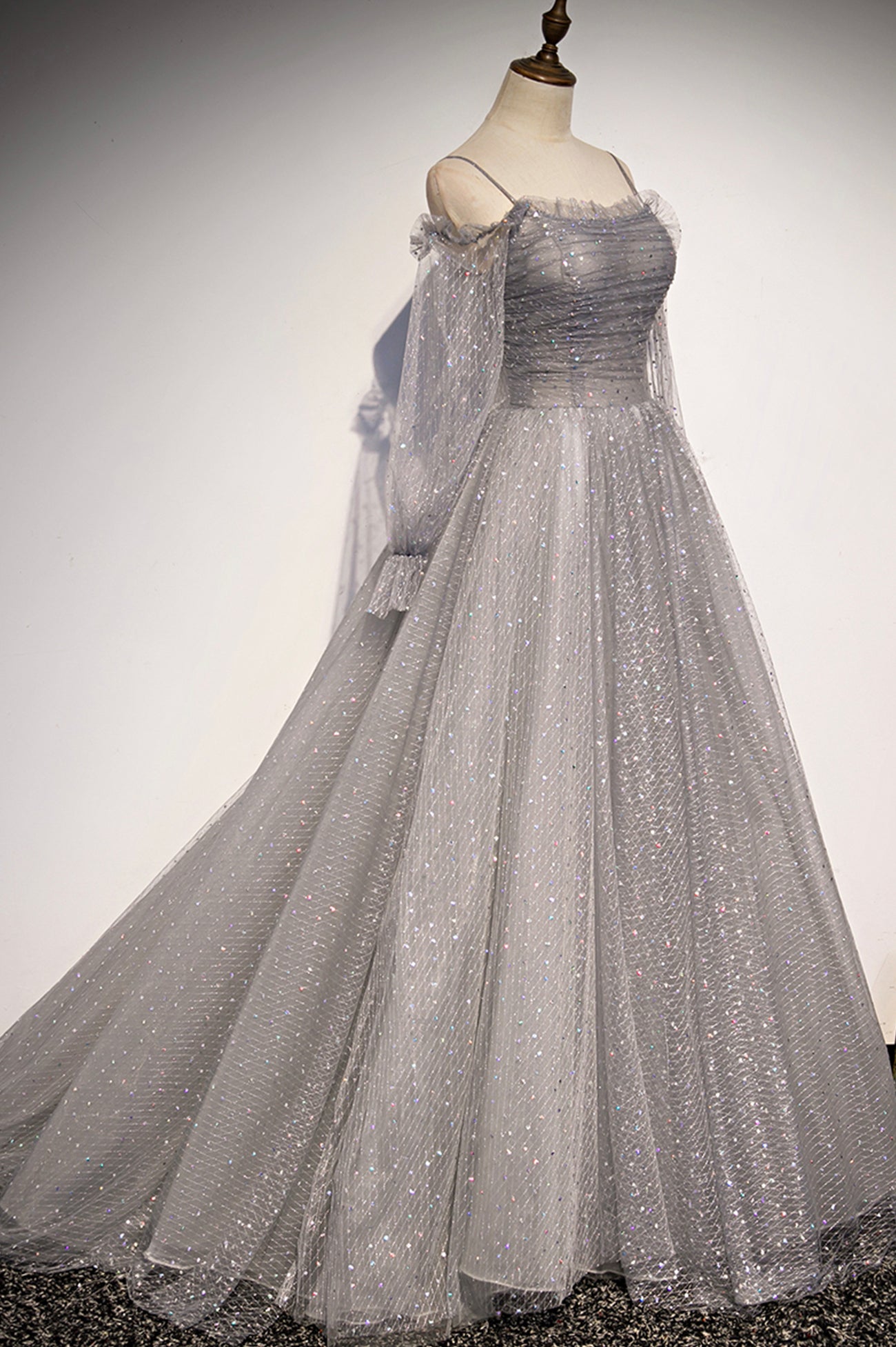 Gray Tulle Long Sleeve A-Line Prom Dress, Spaghetti Straps Formal Evening Dress