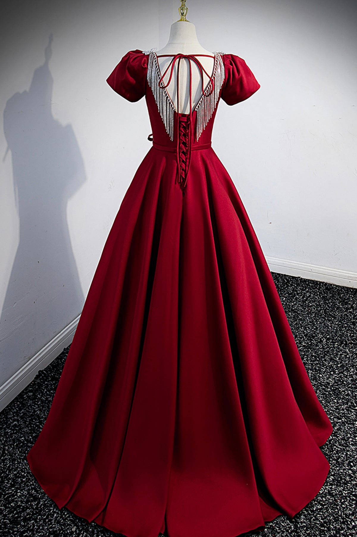 Burgundy Scoop Neckline Satin Long Prom Dress, Short Sleeve Evening Dress