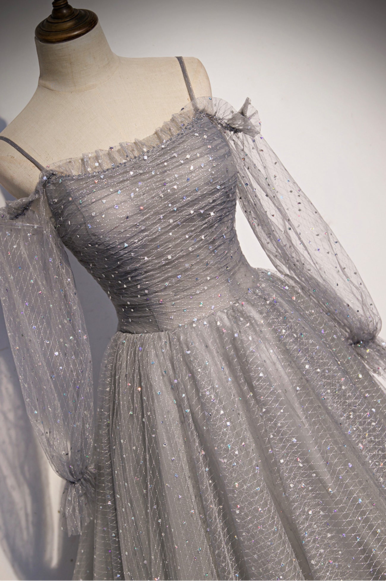 Gray Tulle Long Sleeve A-Line Prom Dress, Spaghetti Straps Formal Evening Dress
