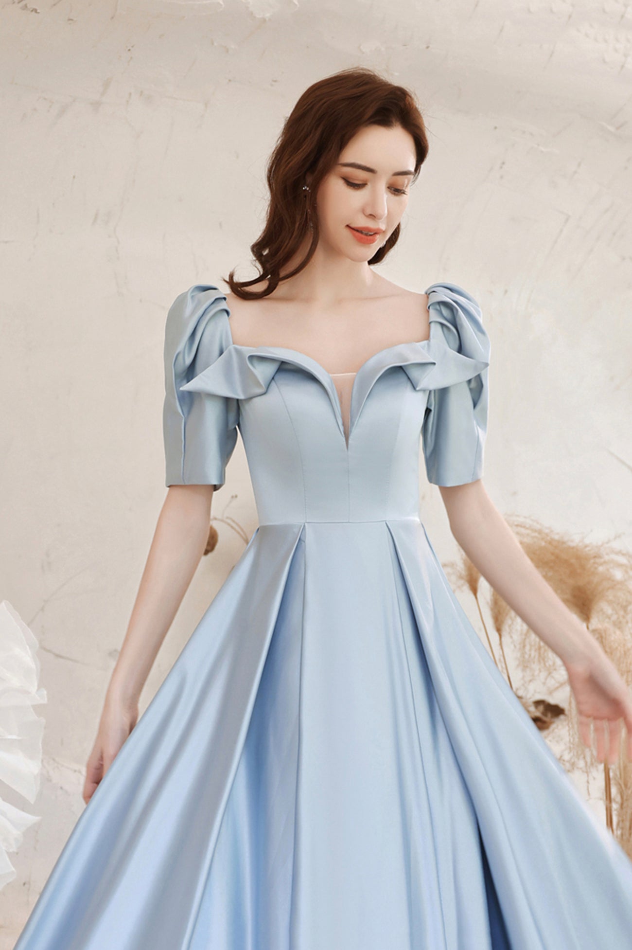 Blue Satin Long A-Line Prom Dress, Blue Short Sleeve Evening Dress Blue Satin Long A-Line Prom Dress, Blue Short Sleeve Evening Dress
