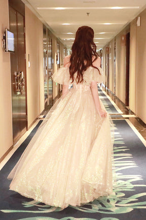 Cute Tulle Long Prom Dress, Shiny A-Line Evening Graduation Dress