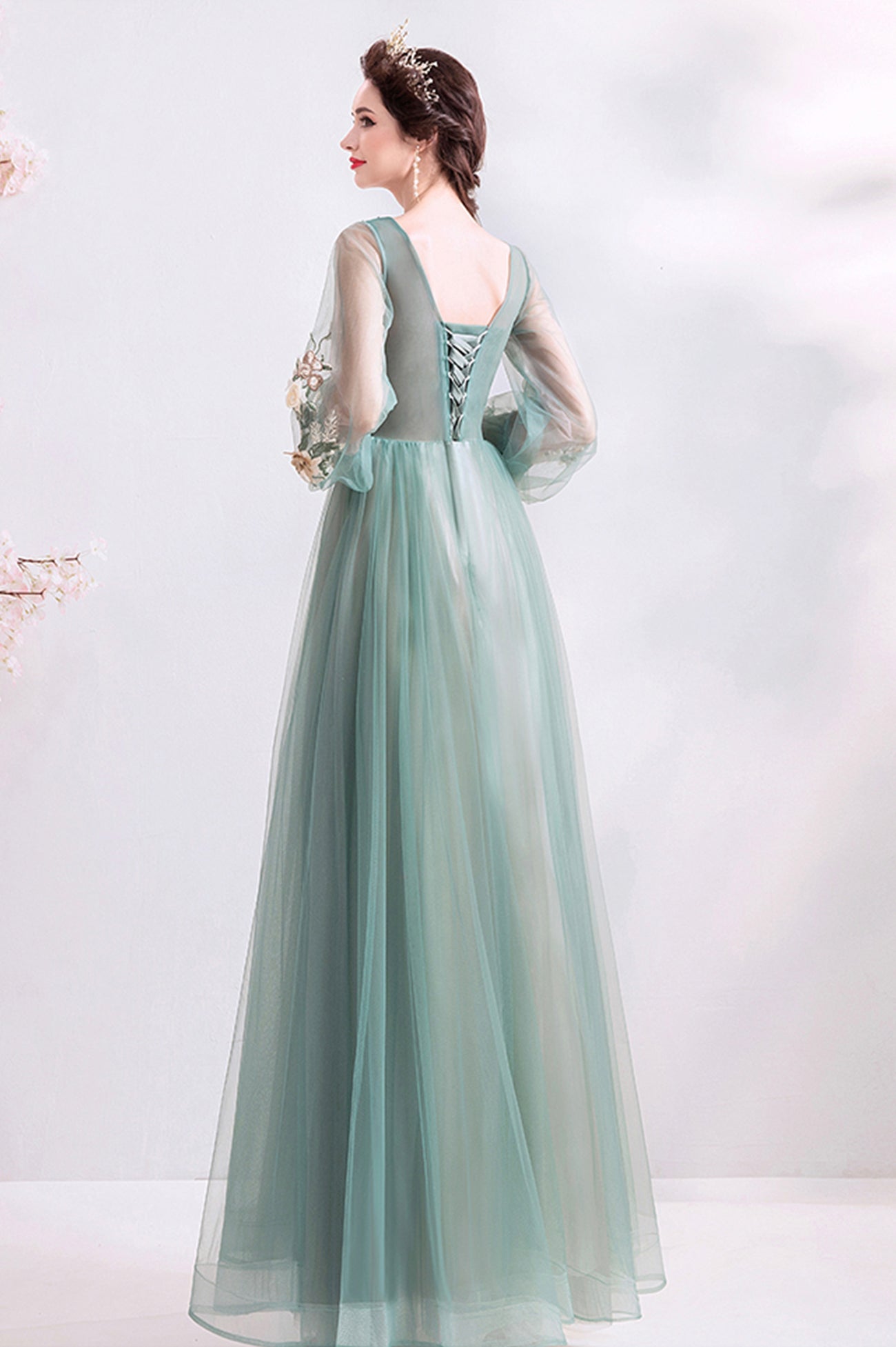 Green Scoop Neckline Lace Evening Dress, A-Line Long Sleeve Prom Dress