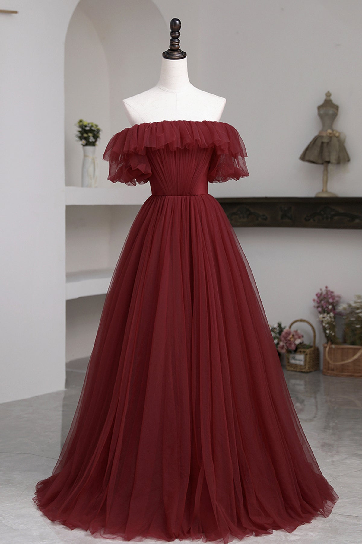 Burgundy Tulle Off the Shoulder Prom Dress, Long A-Line Evening Dress