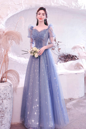 Blue Tulle Long Sleeve Prom Dress, A-Line Long Sleeve Tulle Evening Party Dress