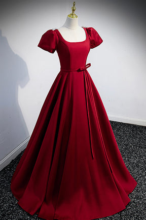 Burgundy Scoop Neckline Satin Long Prom Dress, Short Sleeve Evening Dress