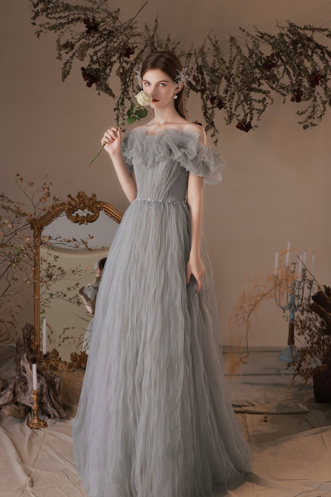 Gray Tulle Long A-Line Prom Dress, Off the Shoulder Formal Evening Dress