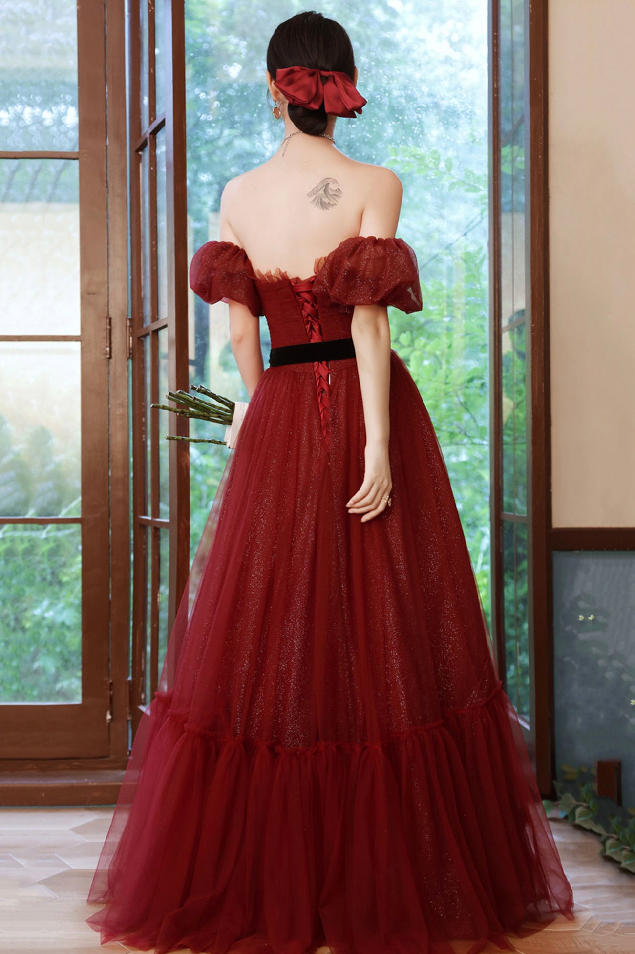 Burgundy Tulle Long A-Line Prom Dress, Off the Shoulder Evening Dress
